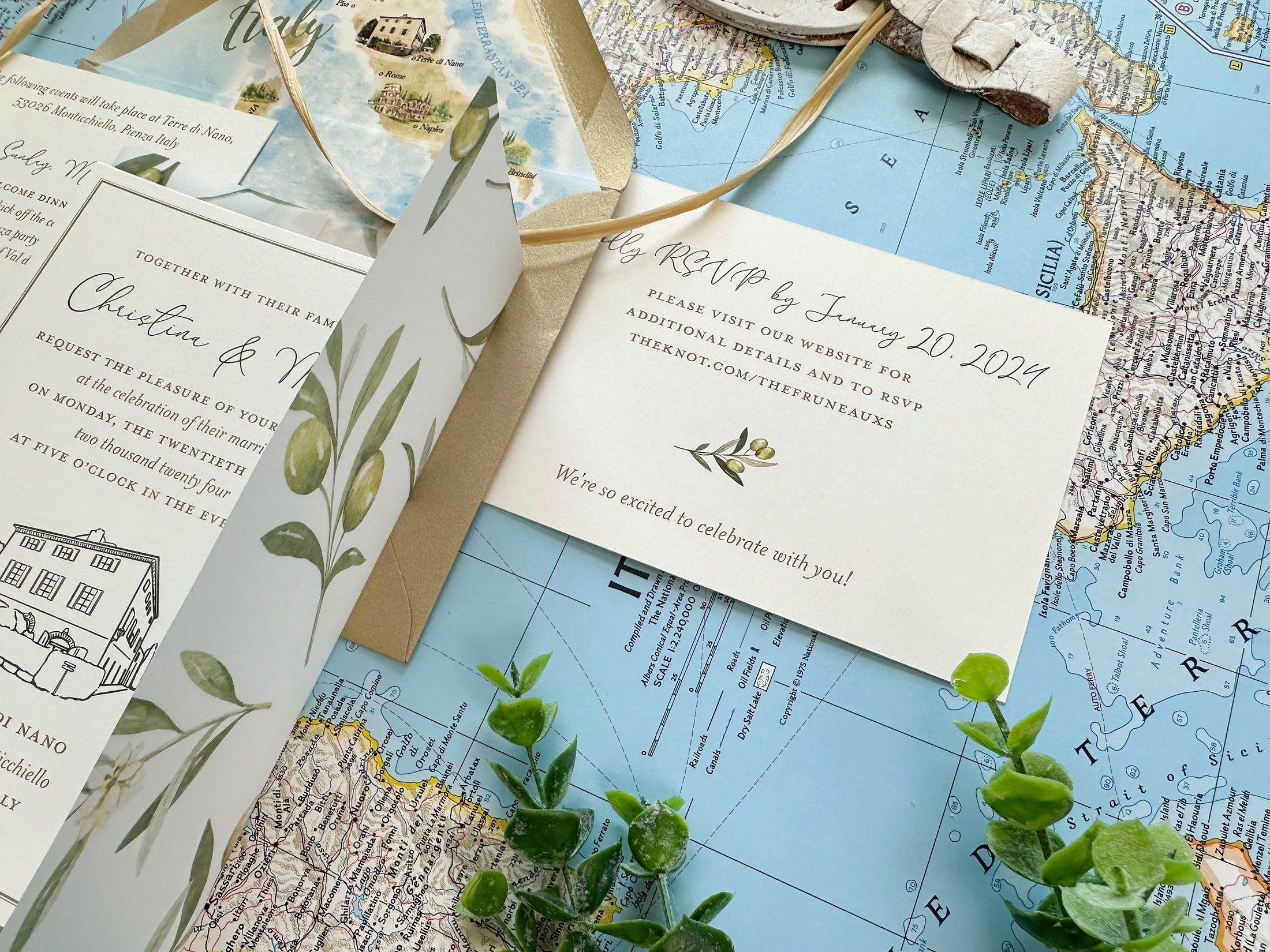 Watercolor Olive Branches and Villa Invite (Terre di Nano, Italy)
