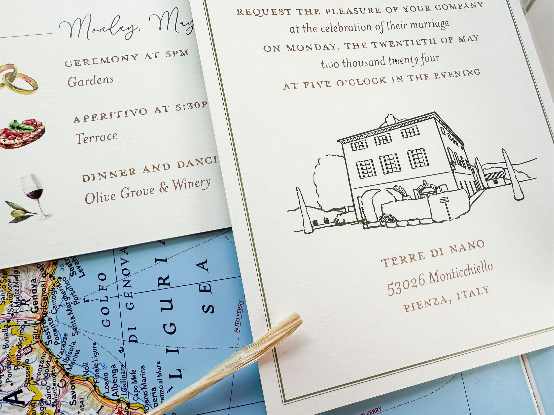 Watercolor Olive Branches and Villa Invite (Terre di Nano, Italy)