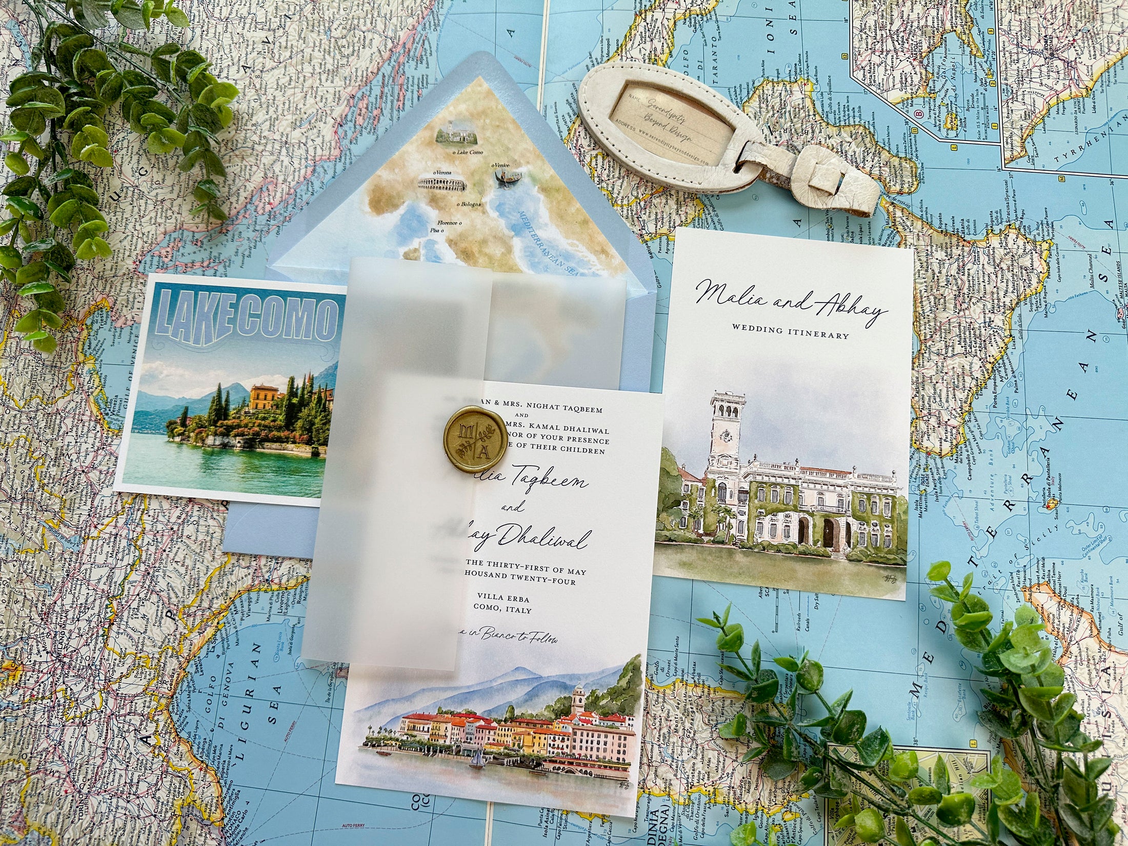 Watercolor Wedding Invitation, Custom Venue Illustration | Lake Como Wedding (Villa Erba, Italy)