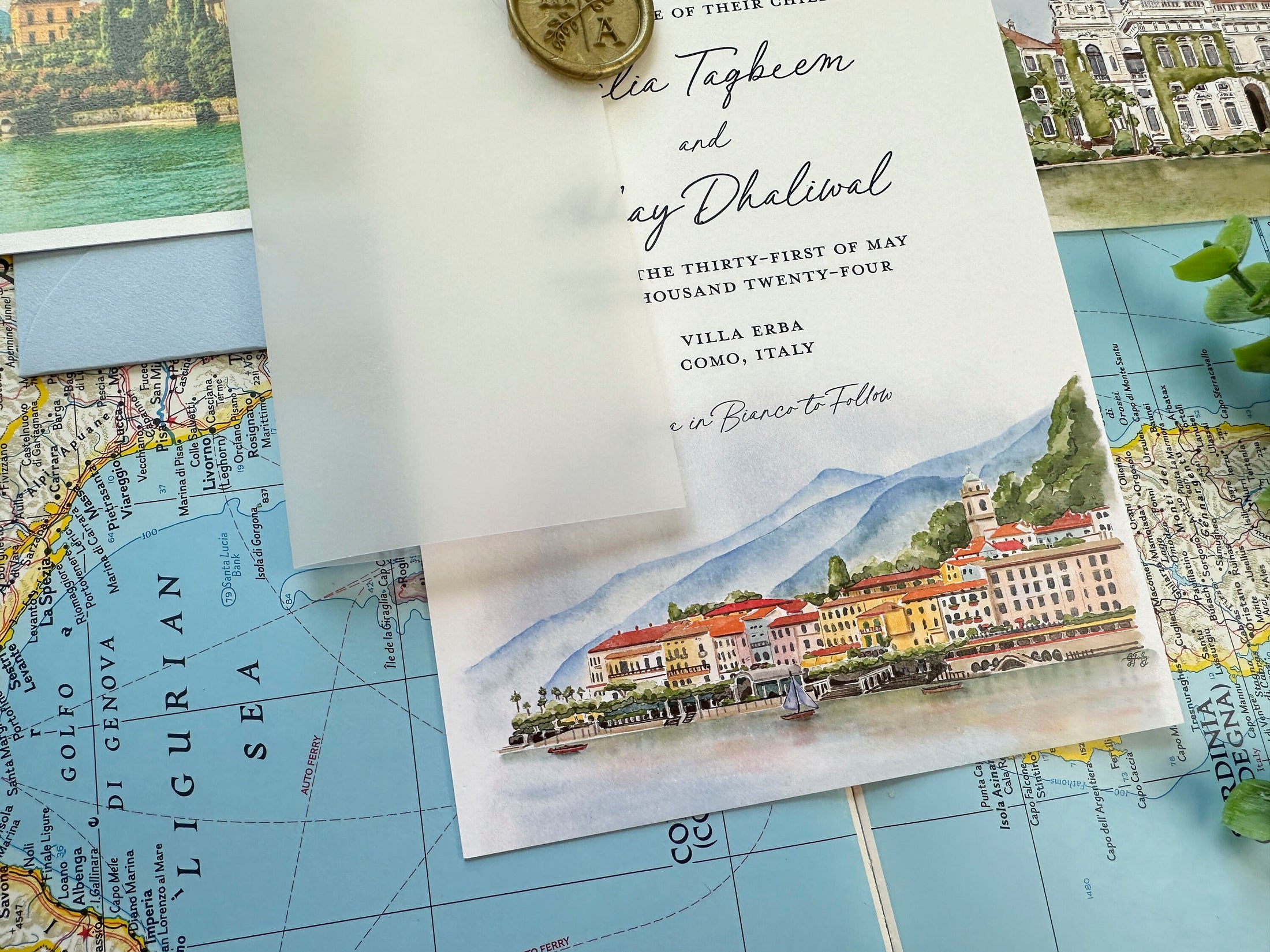 Watercolor Wedding Invitation, Custom Venue Illustration | Lake Como Wedding (Villa Erba, Italy)