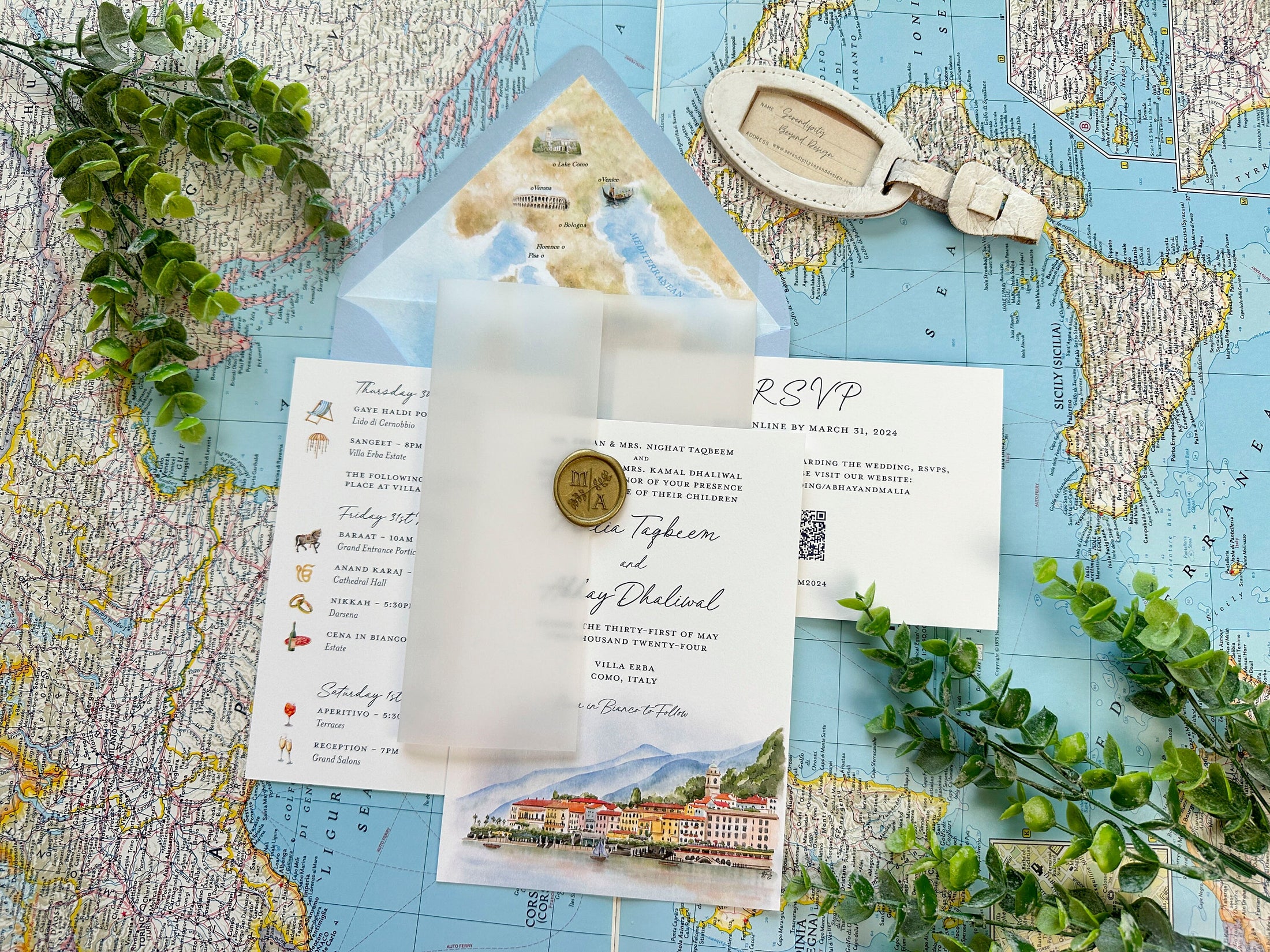 Watercolor Wedding Invitation, Custom Venue Illustration | Lake Como Wedding (Villa Erba, Italy)