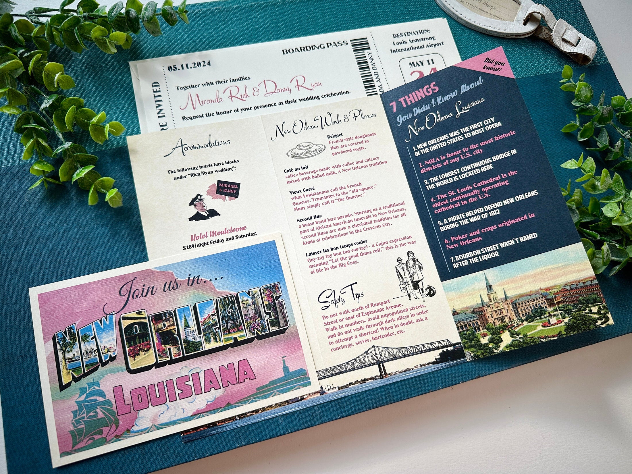 Custom Retro Travel Brochure and Boarding Pass Wedding Invite (New Orleans)