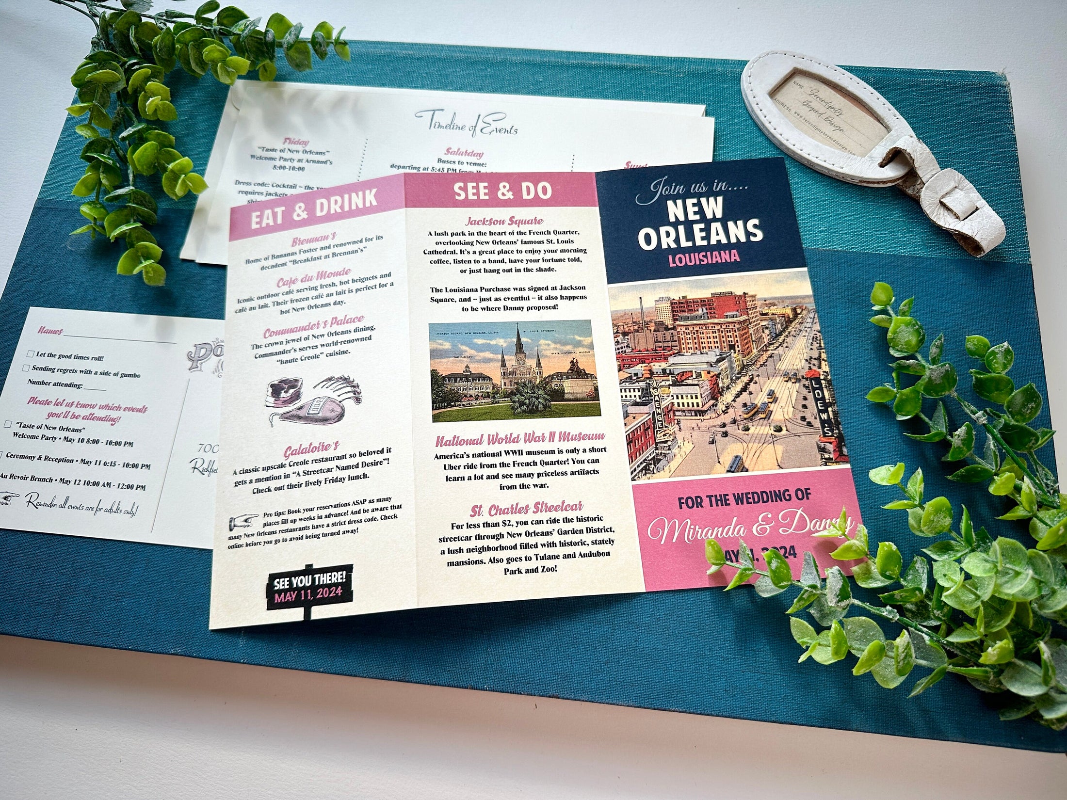 Custom Retro Travel Brochure and Boarding Pass Wedding Invite (New Orleans)