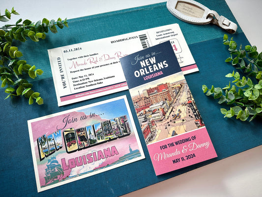 Custom Retro Travel Brochure and Boarding Pass Wedding Invite (New Orleans)
