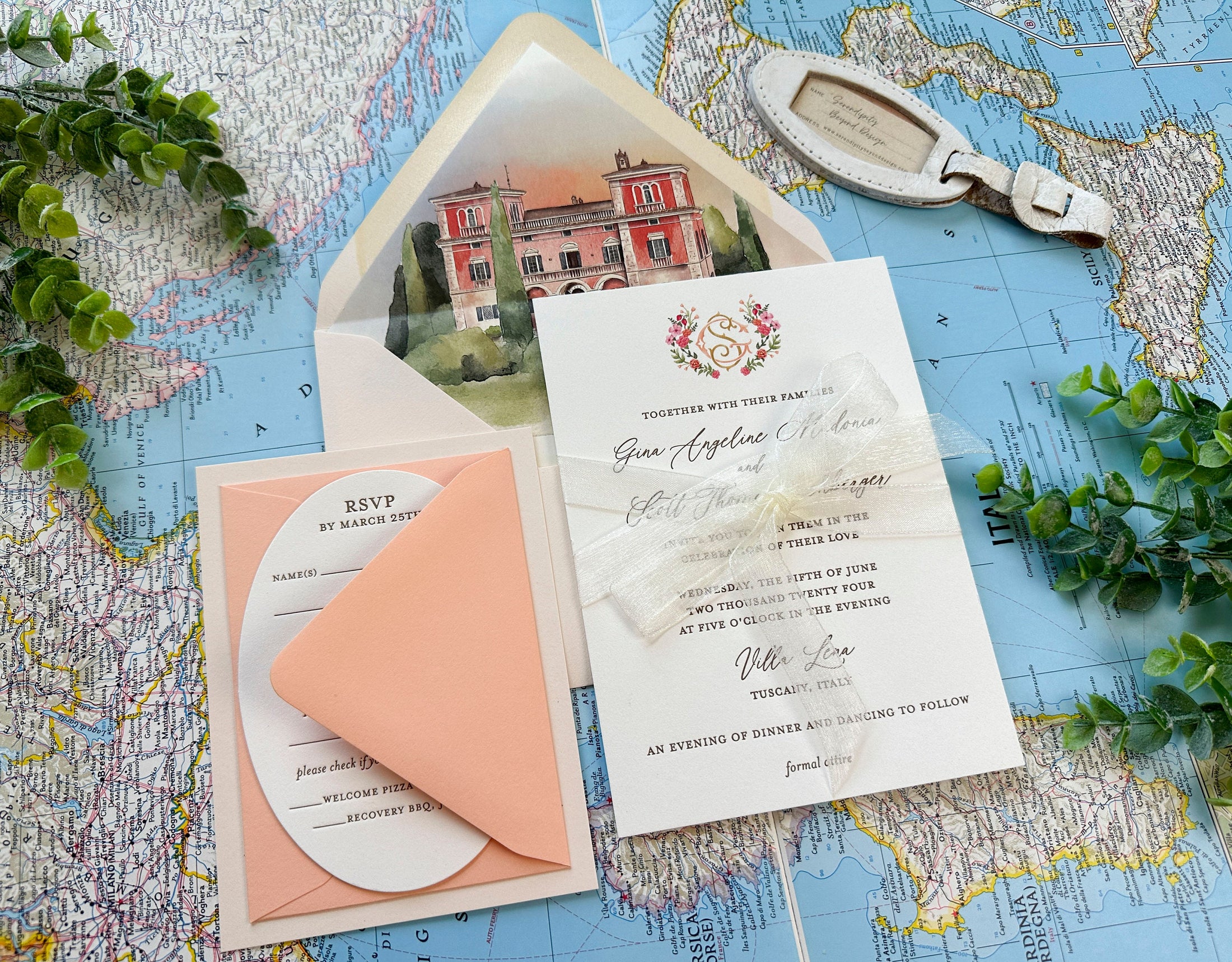 Tuscan Watercolor and Letterpress Wedding Invitation Italy (Villa Lena, Italy)