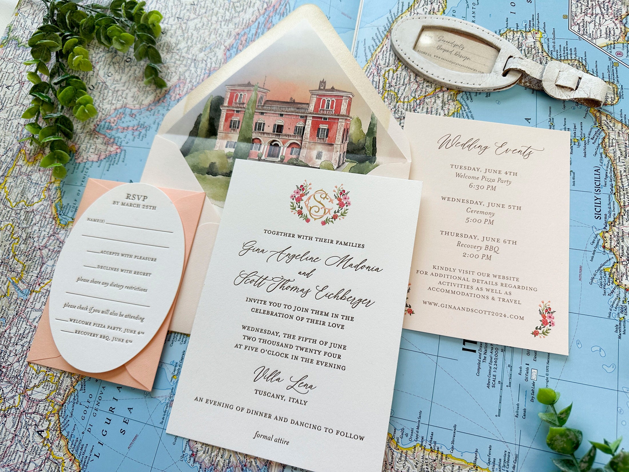 Tuscan Watercolor and Letterpress Wedding Invitation Italy (Villa Lena, Italy)