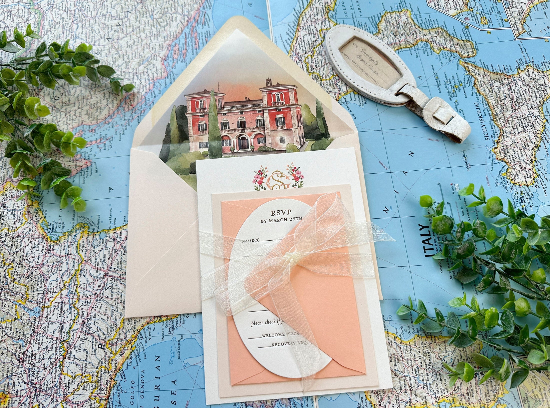 Tuscan Watercolor and Letterpress Wedding Invitation Italy (Villa Lena, Italy)