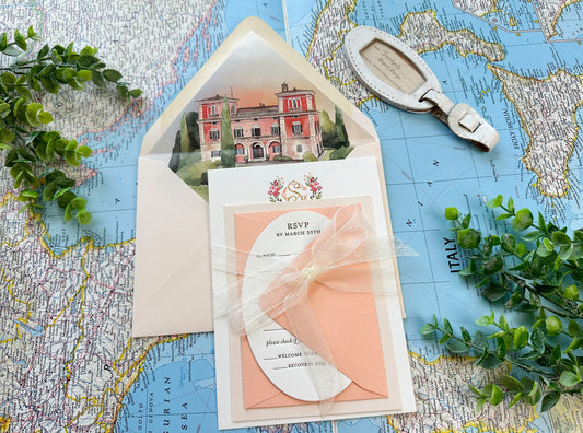 Tuscan Watercolor and Letterpress Wedding Invitation Italy (Villa Lena, Italy)