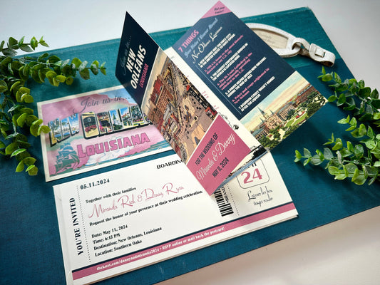 Custom Retro Travel Brochure and Boarding Pass Wedding Invite (New Orleans)