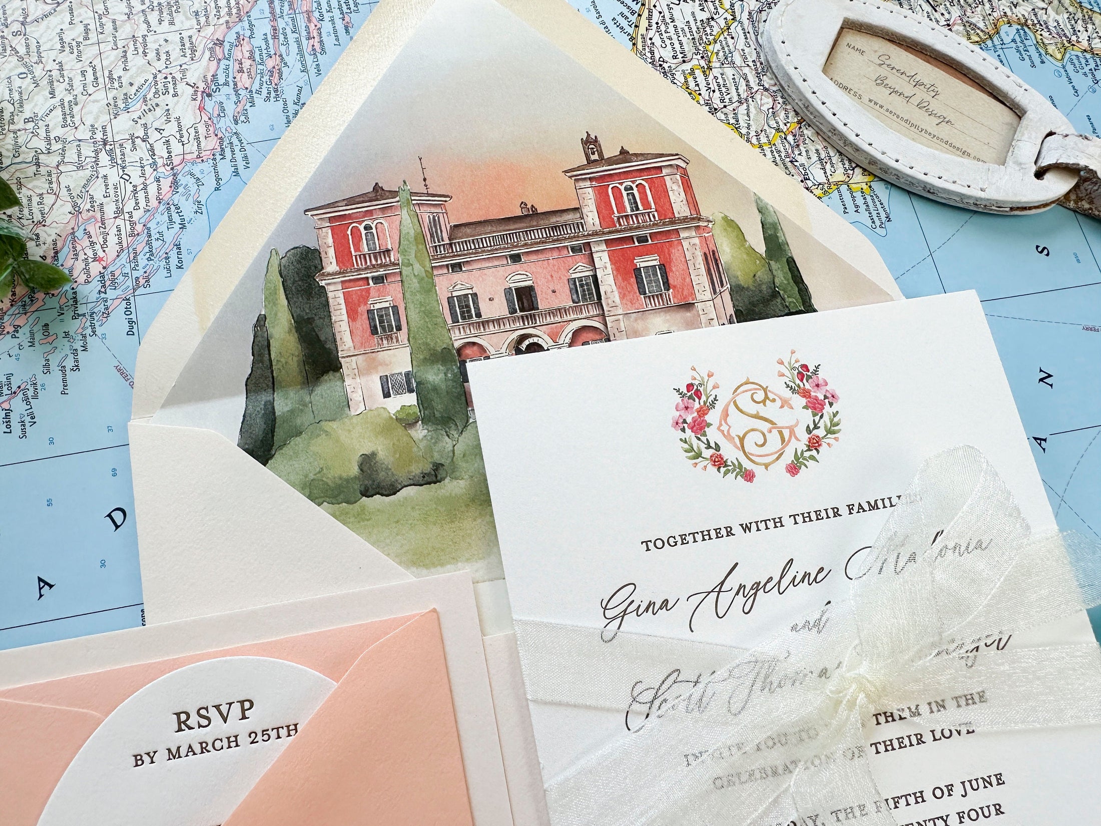 Tuscan Watercolor and Letterpress Wedding Invitation Italy (Villa Lena, Italy)