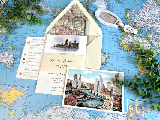 Skyline Watercolor Wedding Invitation - Chicago, Illinois