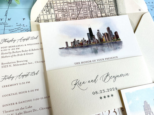 Skyline Watercolor Wedding Invitation - Chicago, Illinois
