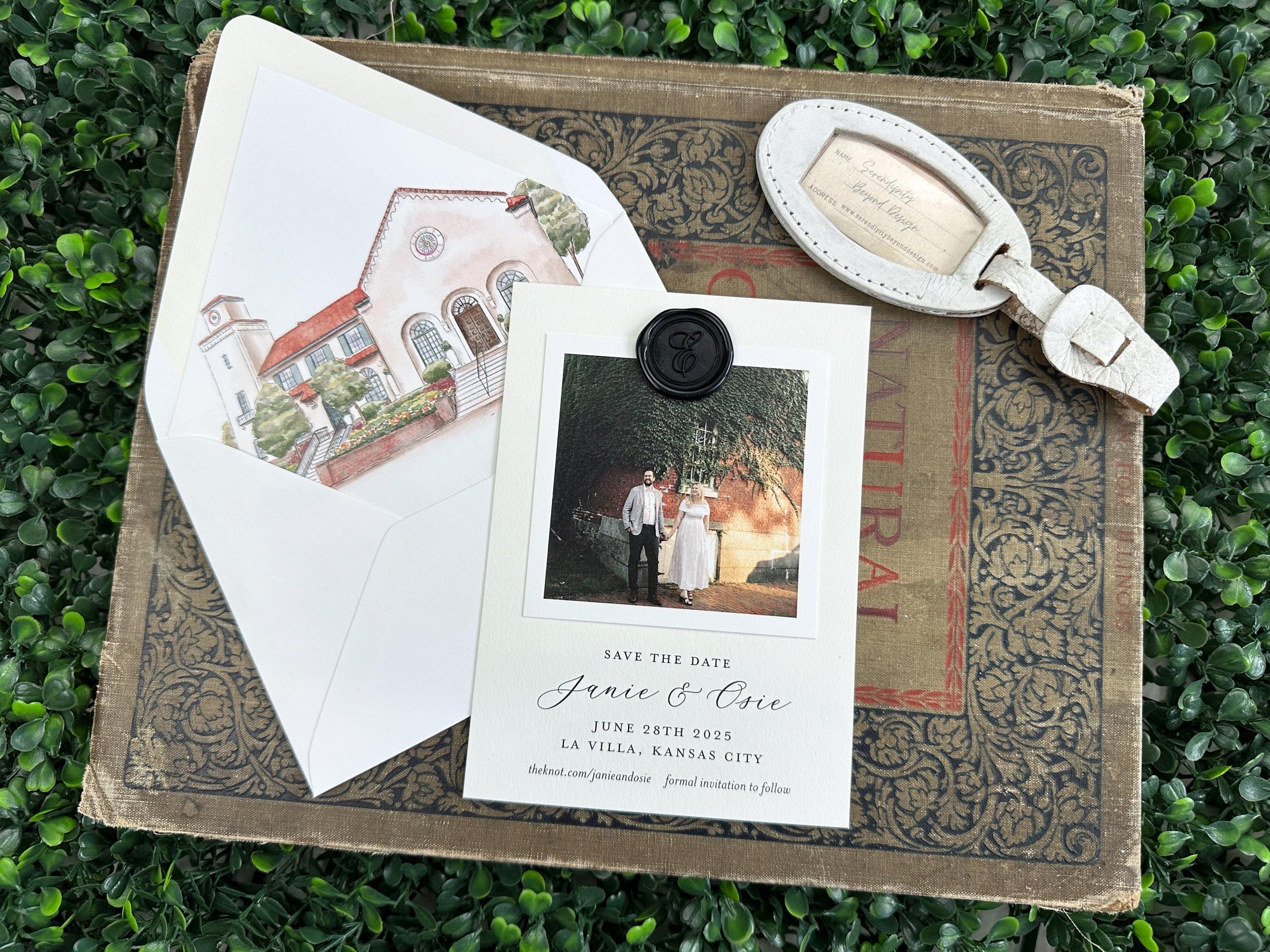 Watercolor and Engagement Photo Save the Date - La Villa (Kansas City, Missouri)