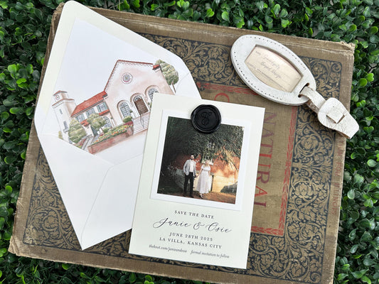 Watercolor and Engagement Photo Save the Date - La Villa (Kansas City, Missouri)