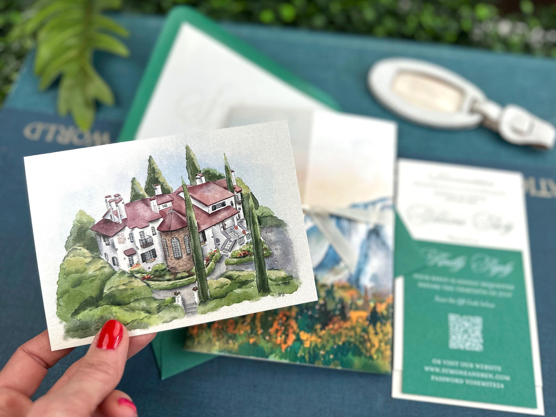 Mountain Watercolor Gatefold Wedding Invitation (Yosemite National Park, California)