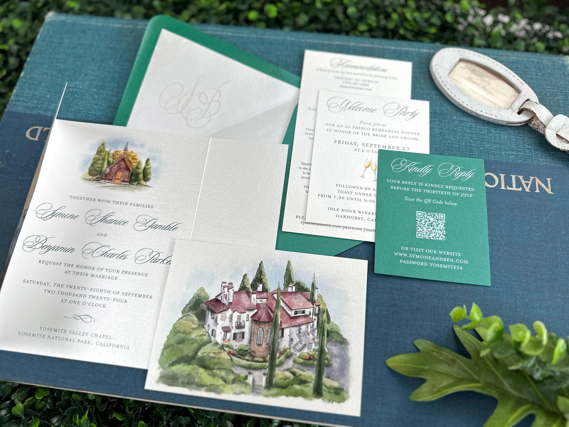 Mountain Watercolor Gatefold Wedding Invitation (Yosemite National Park, California)