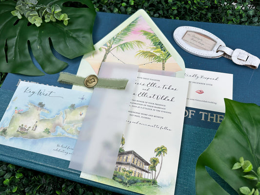 Custom Watercolor Hemingway House Sunset Wedding Invitation (Key West, Florida)