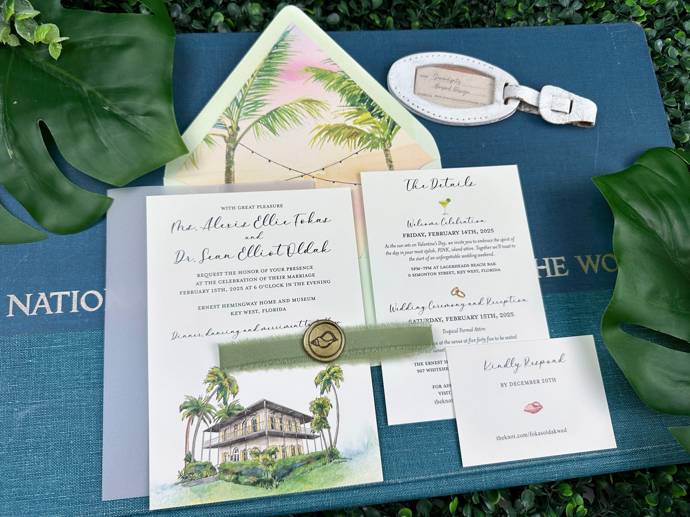 Custom Watercolor Hemingway House Sunset Wedding Invitation (Key West, Florida)