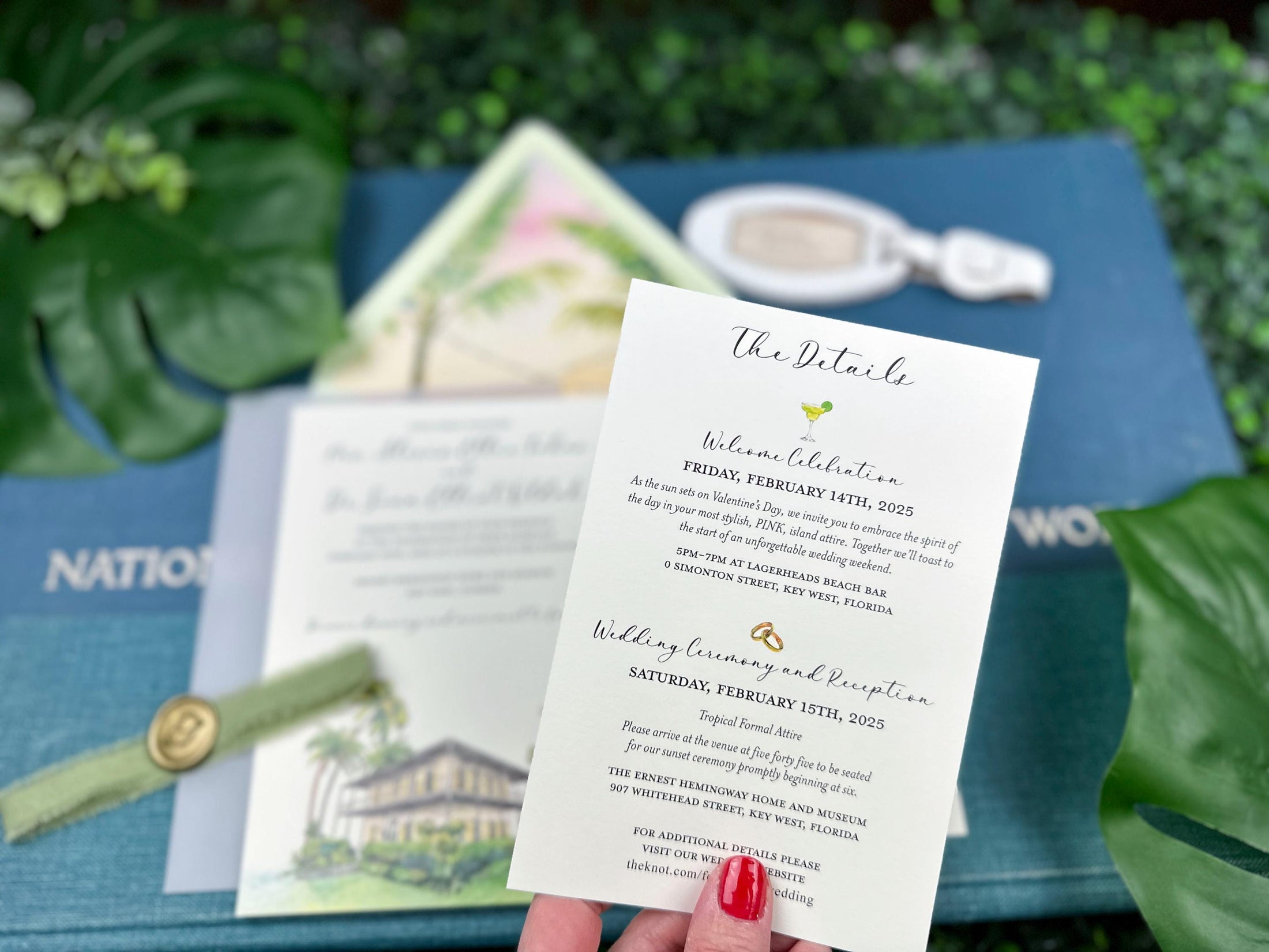 Custom Watercolor Hemingway House Sunset Wedding Invitation (Key West, Florida)