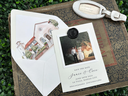 Watercolor and Engagement Photo Save the Date - La Villa (Kansas City, Missouri)