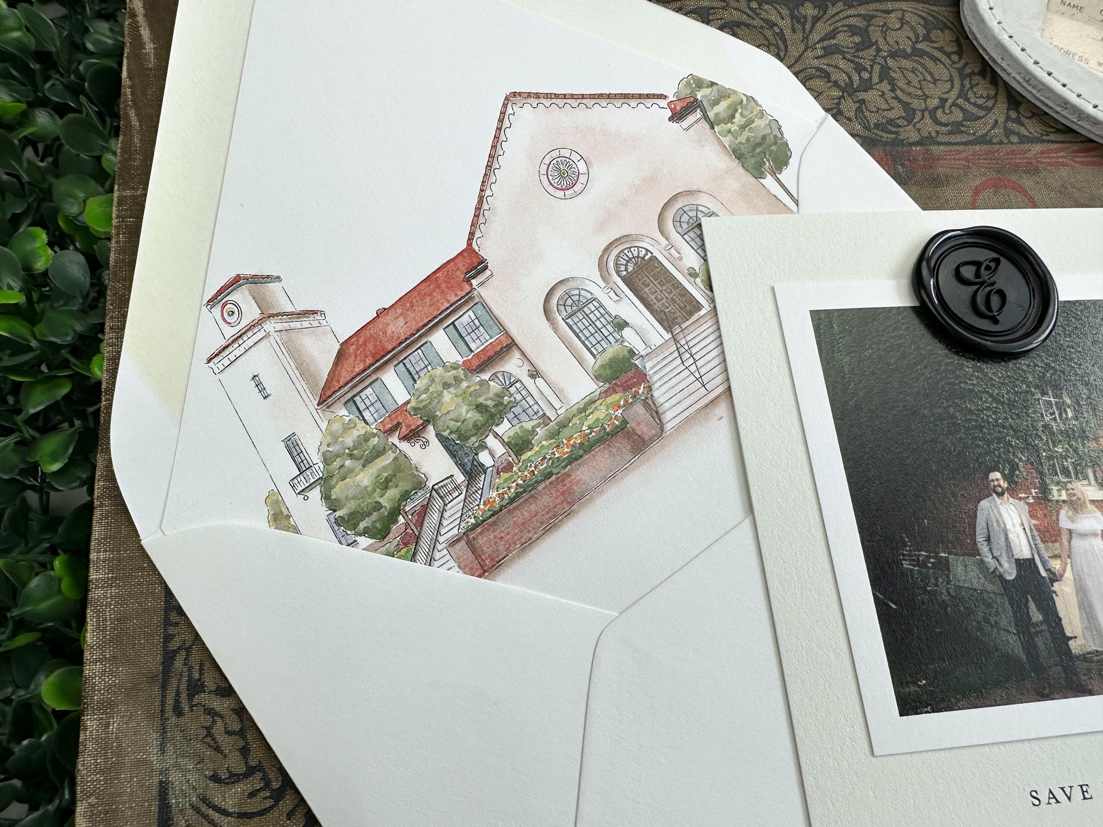 Watercolor and Engagement Photo Save the Date - La Villa (Kansas City, Missouri)