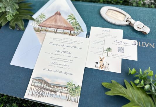 Watercolor Tropical Wedding Invitation - Playa Del Carmen, Mexico