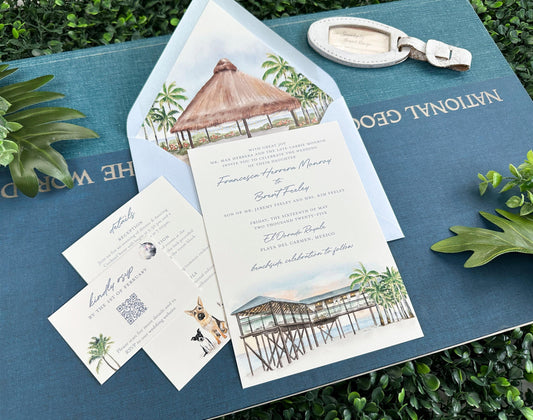 Watercolor Tropical Wedding Invitation - Playa Del Carmen, Mexico