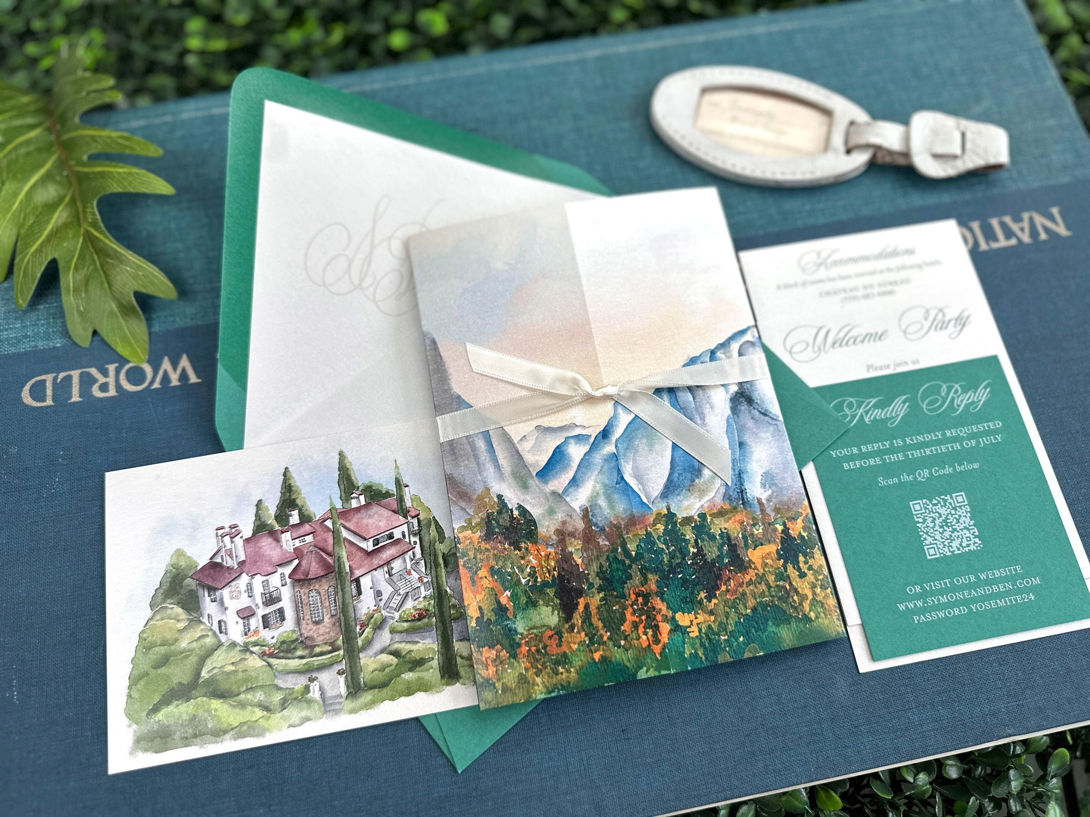 Mountain Watercolor Gatefold Wedding Invitation (Yosemite National Park, California)