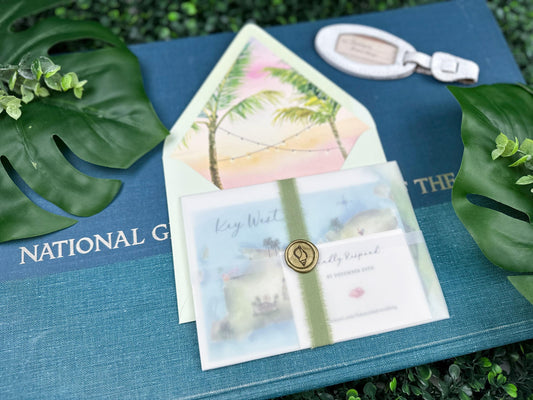 Custom Watercolor Hemingway House Sunset Wedding Invitation (Key West, Florida)