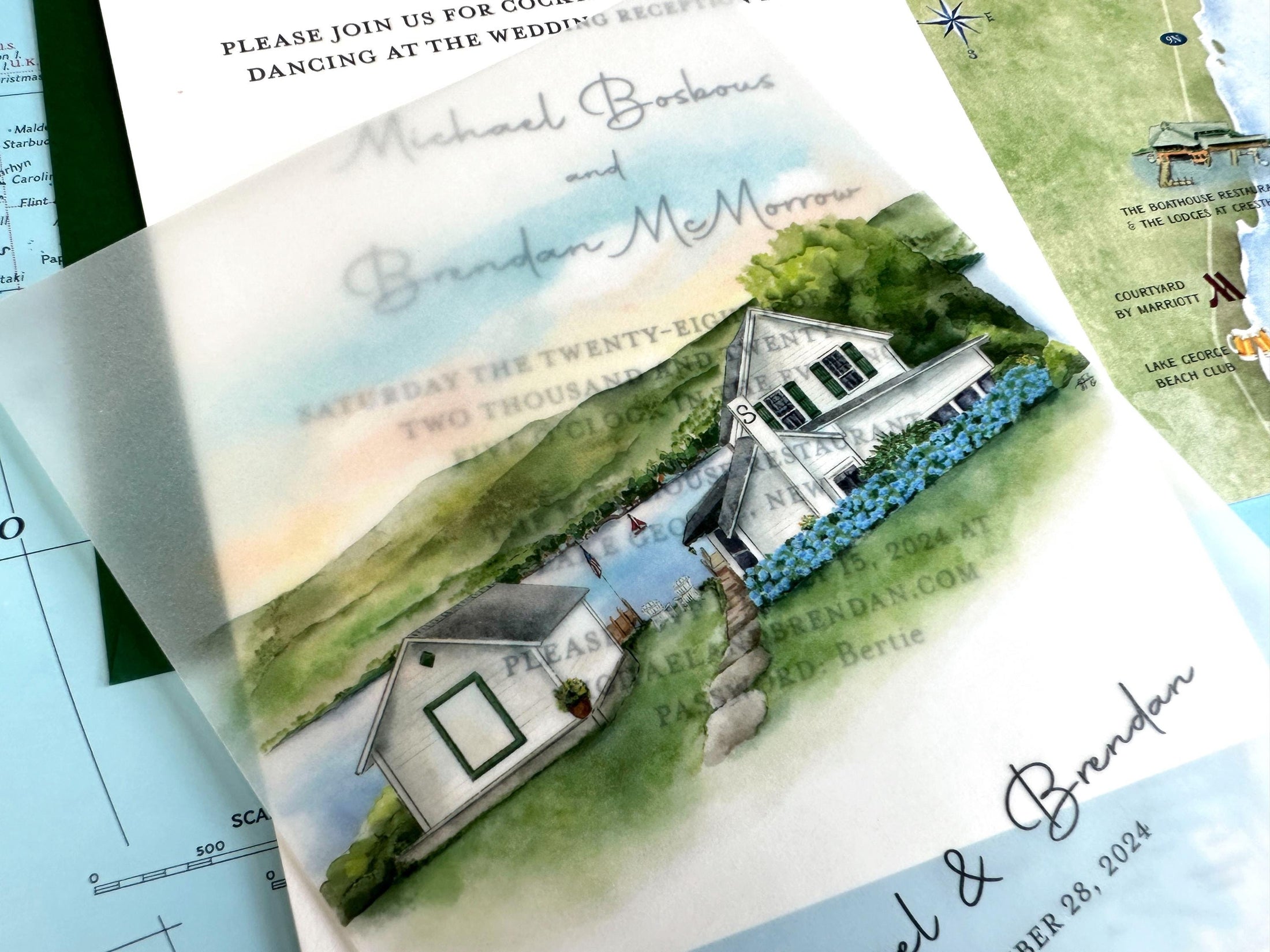 Vellum Watercolor and Letterpress Wedding Invitation (Lake George, New York)