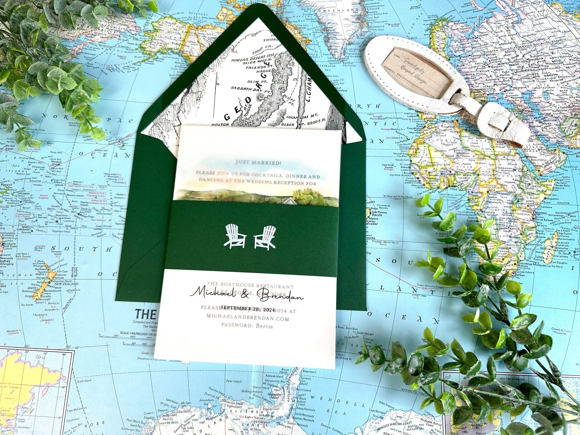 Vellum Watercolor and Letterpress Wedding Invitation (Lake George, New York)
