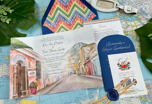 Guatemala Watercolor Gatefold Wedding Invitation (Ruinas De Santa Clara)