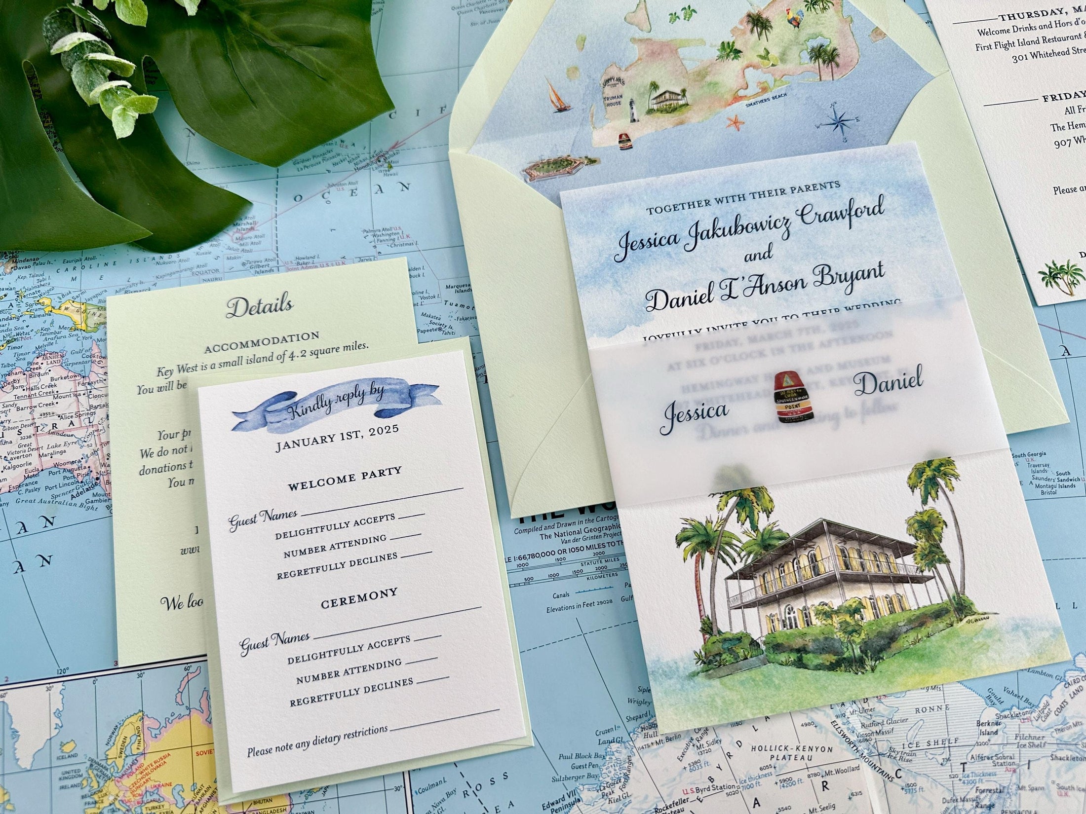 Key Lime Watercolor Wedding Invitation, Hemingway House (Key West, Florida)
