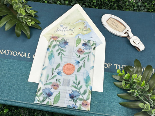 Wax Seal and Vellum Watercolor Wedding Invite (Scotland)
