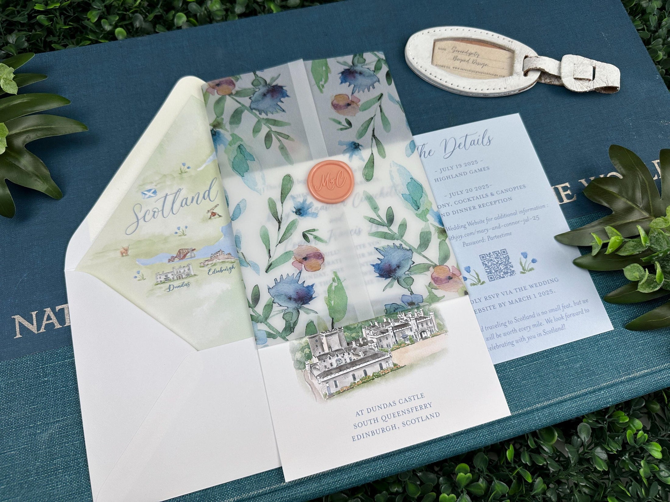 Wax Seal and Vellum Watercolor Wedding Invite (Scotland)