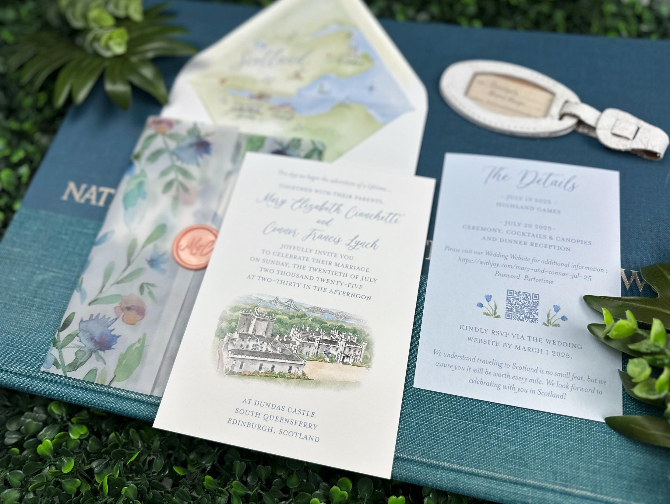 Wax Seal and Vellum Watercolor Wedding Invite (Scotland)