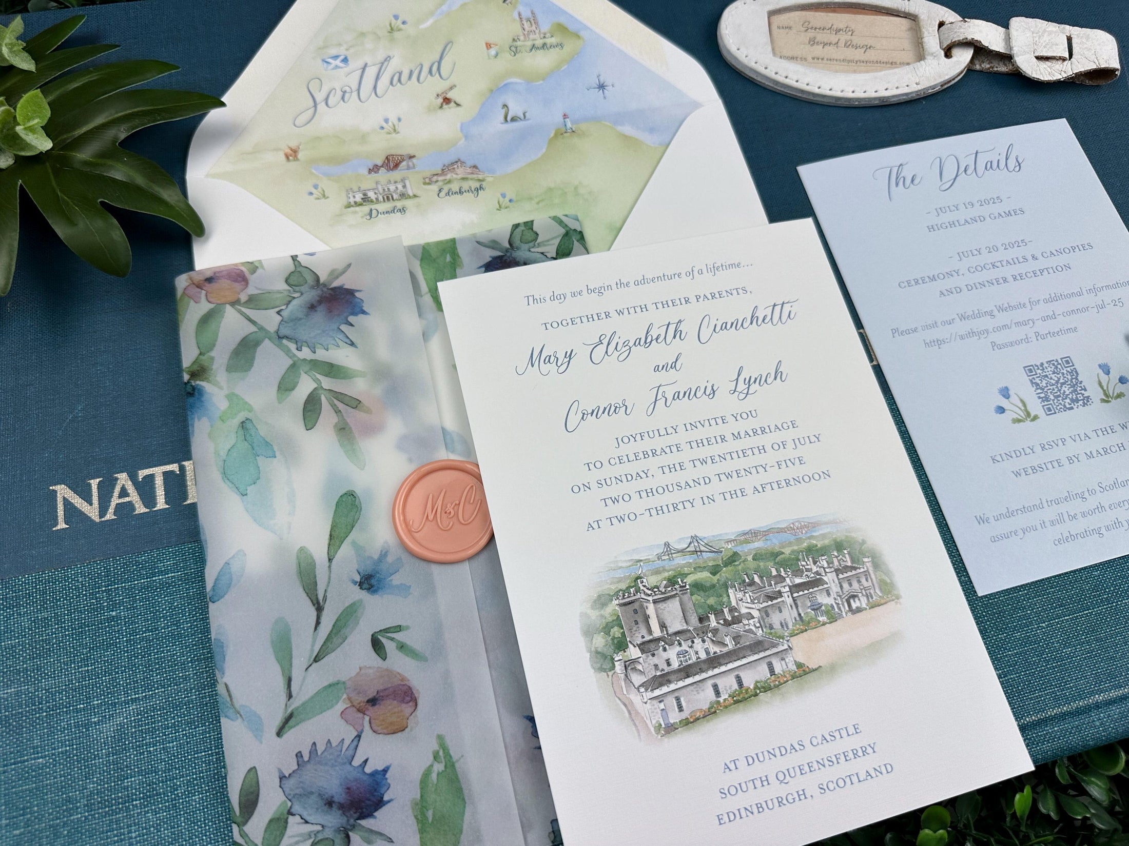 Wax Seal and Vellum Watercolor Wedding Invite (Scotland)