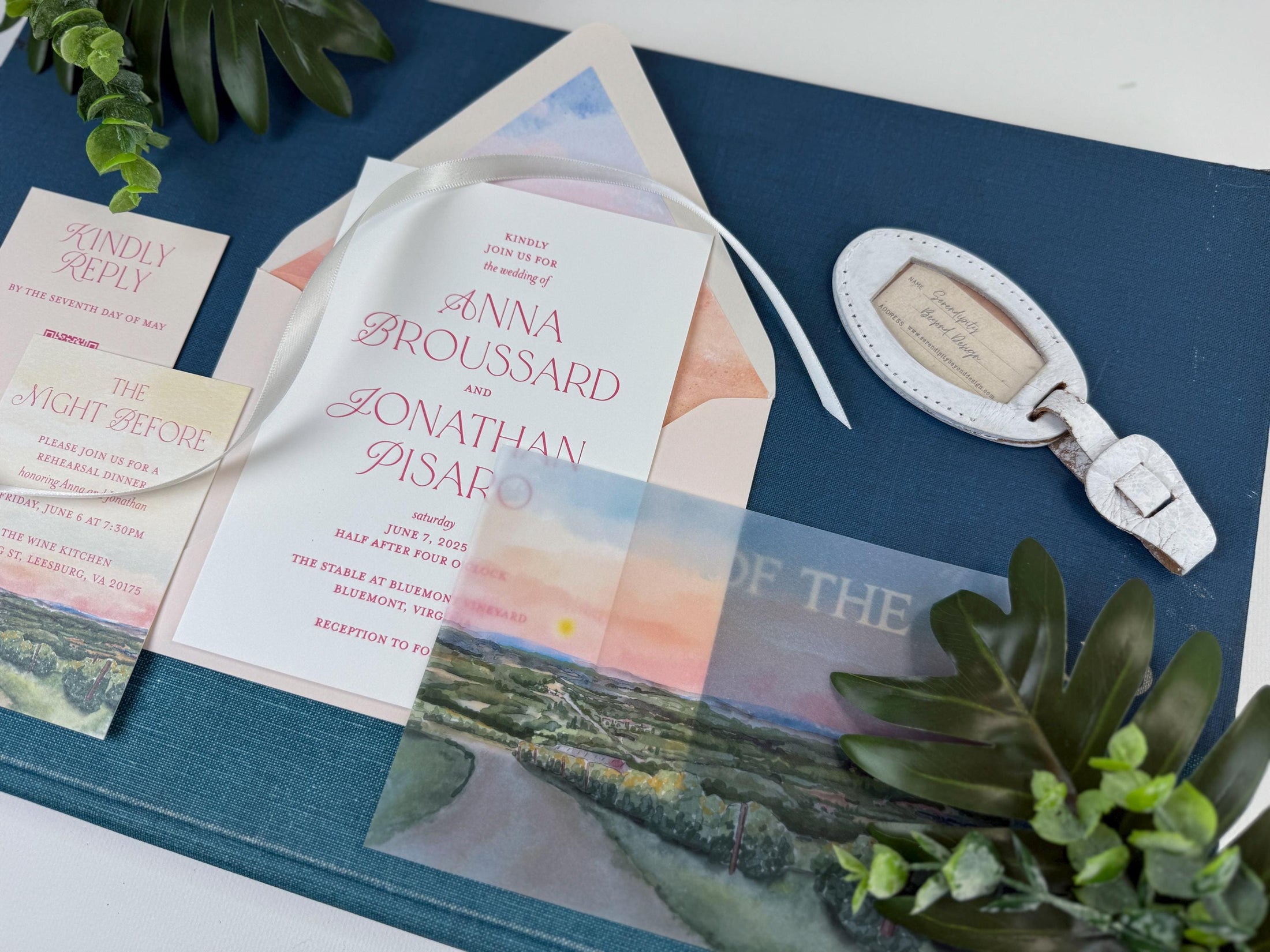 Sunset Winery Watercolor Wedding Invitation (Bluemont, Virginia)