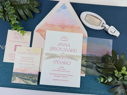 Sunset Winery Watercolor Wedding Invitation (Bluemont, Virginia)
