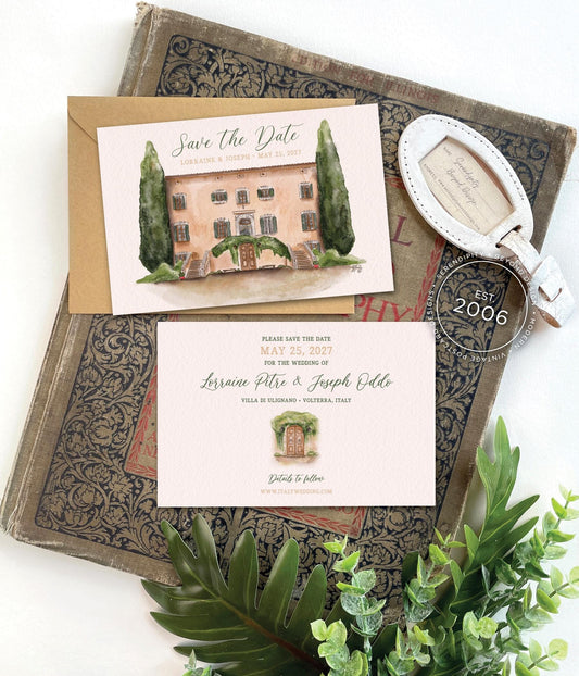Save the Date - Villa Di Ulignano, Volterra, Italy - Watercolor Postcard