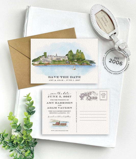Save the Date - The Sagamore, New York - Watercolor Postcard
