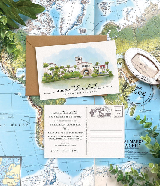 Save the Date - Santa Barbara Courthouse, California - Watercolor Postcard