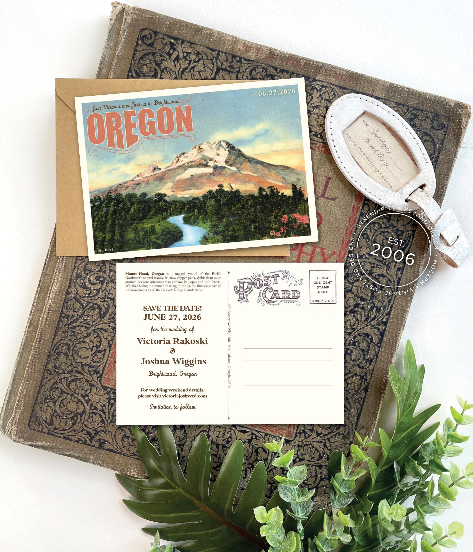 custom vintage save the date postcard, oregon
