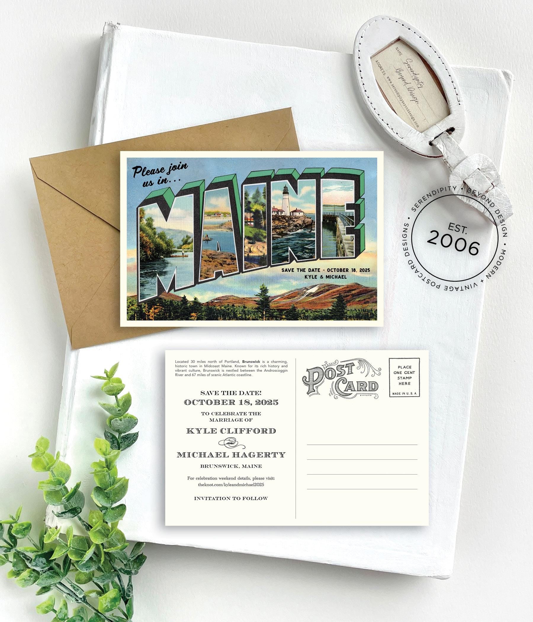 Save the Date - Brunswick, Maine - Vintage Large Letter Postcard