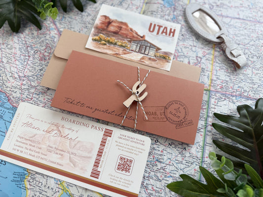 Custom Desert Mountain Watercolor Boarding Pass Wedding Invitation (Moab, Utah)