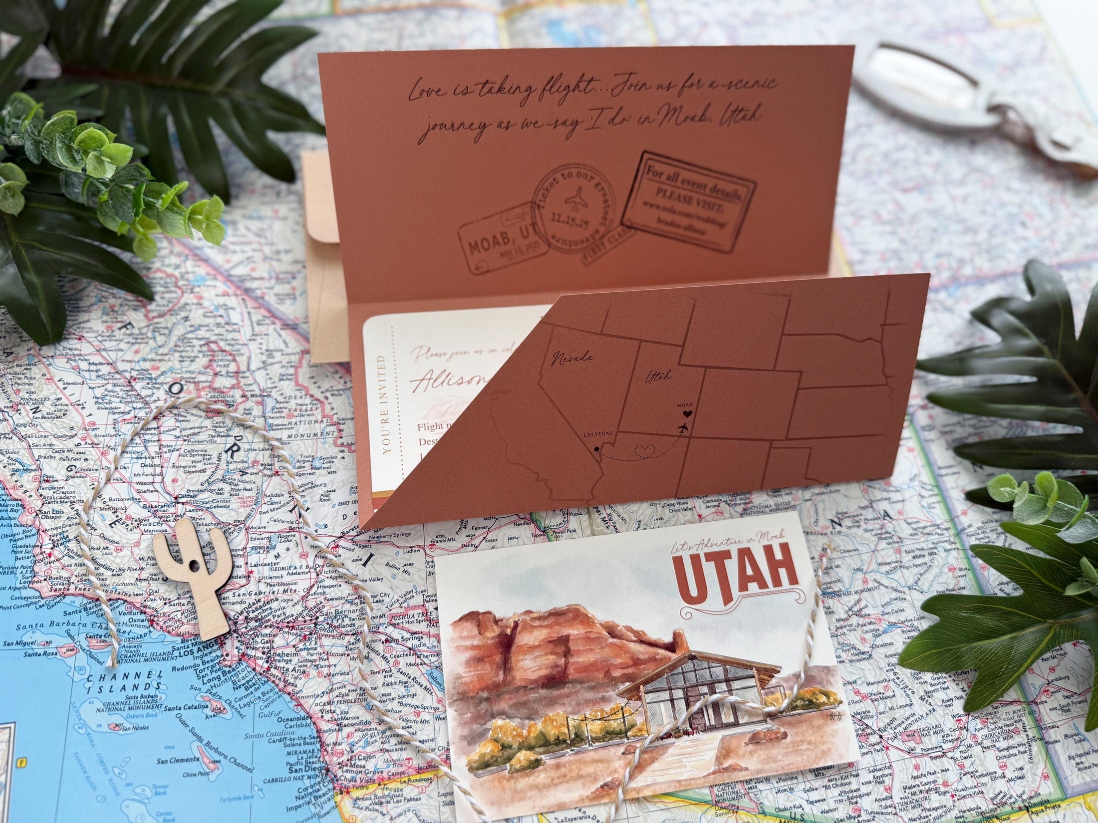 Custom Desert Mountain Watercolor Boarding Pass Wedding Invitation (Moab, Utah)