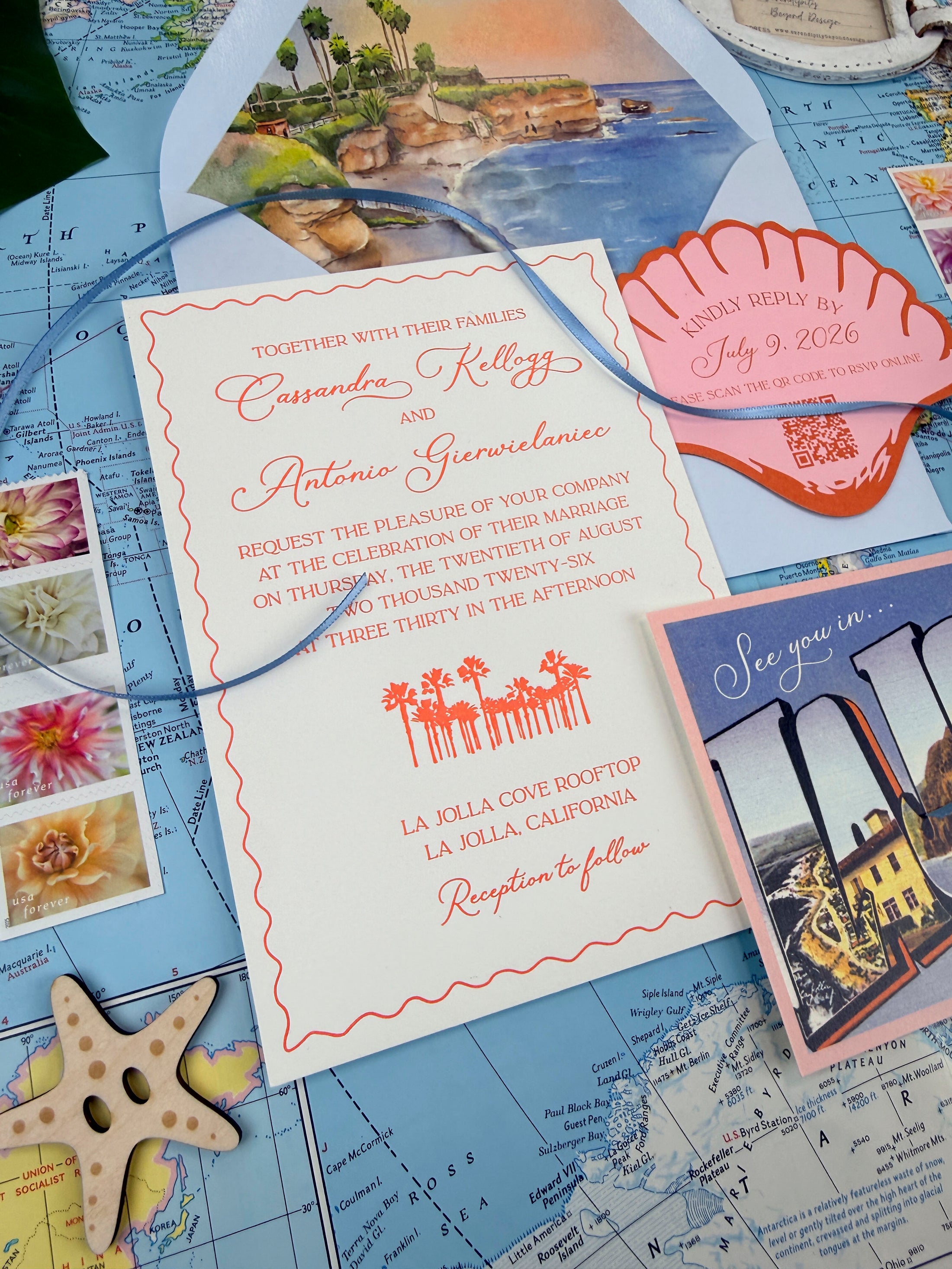 Custom La Jolla Wedding Invitation | Letterpress Invite with Retro Postcard RSVP