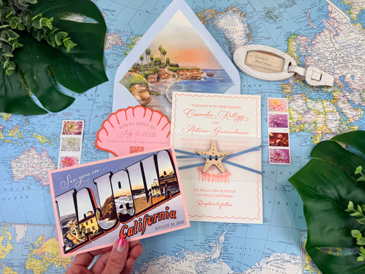 Custom La Jolla Wedding Invitation | Letterpress Invite with Retro Postcard RSVP