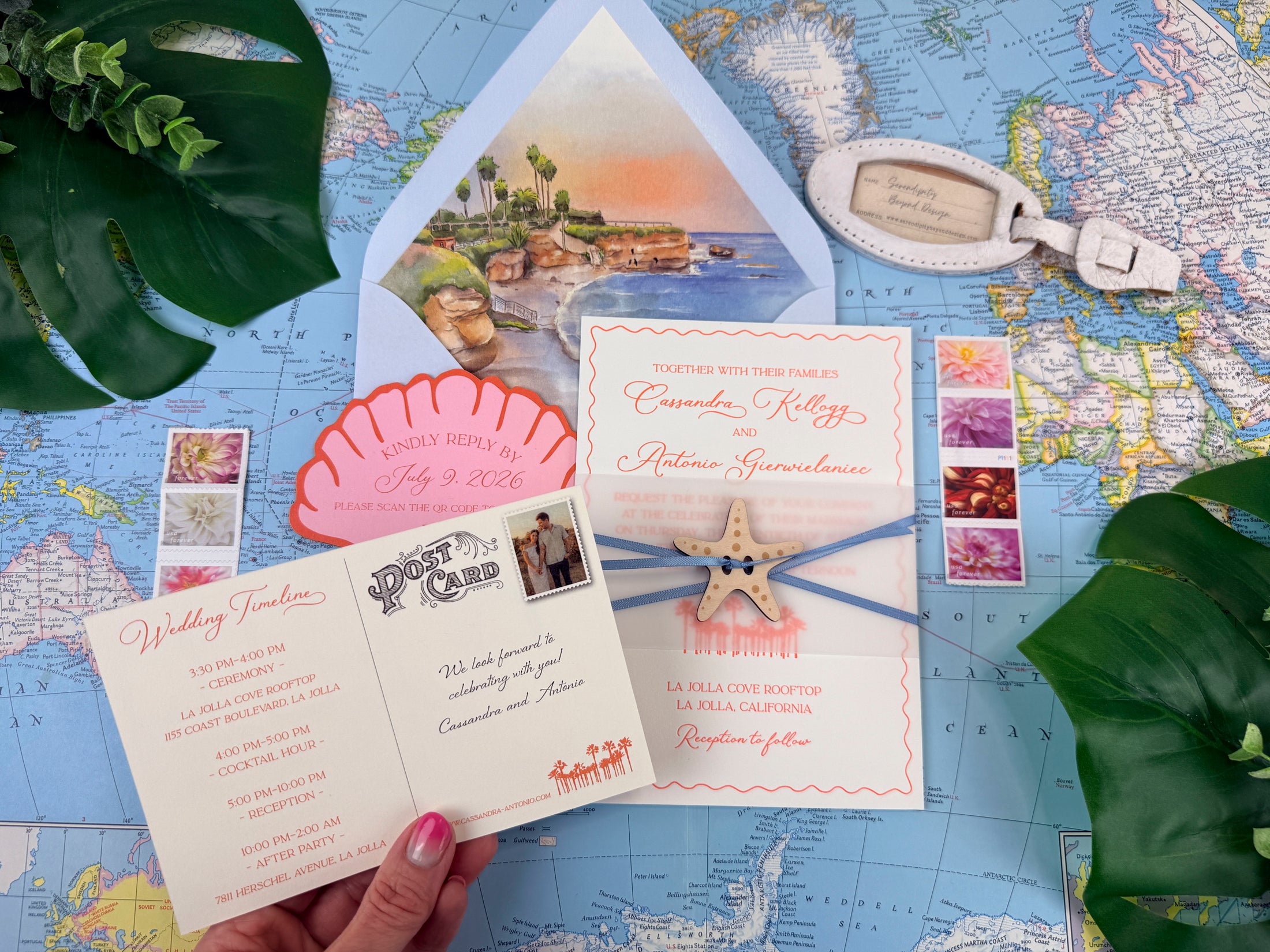 Custom La Jolla Wedding Invitation | Letterpress Invite with Retro Postcard RSVP