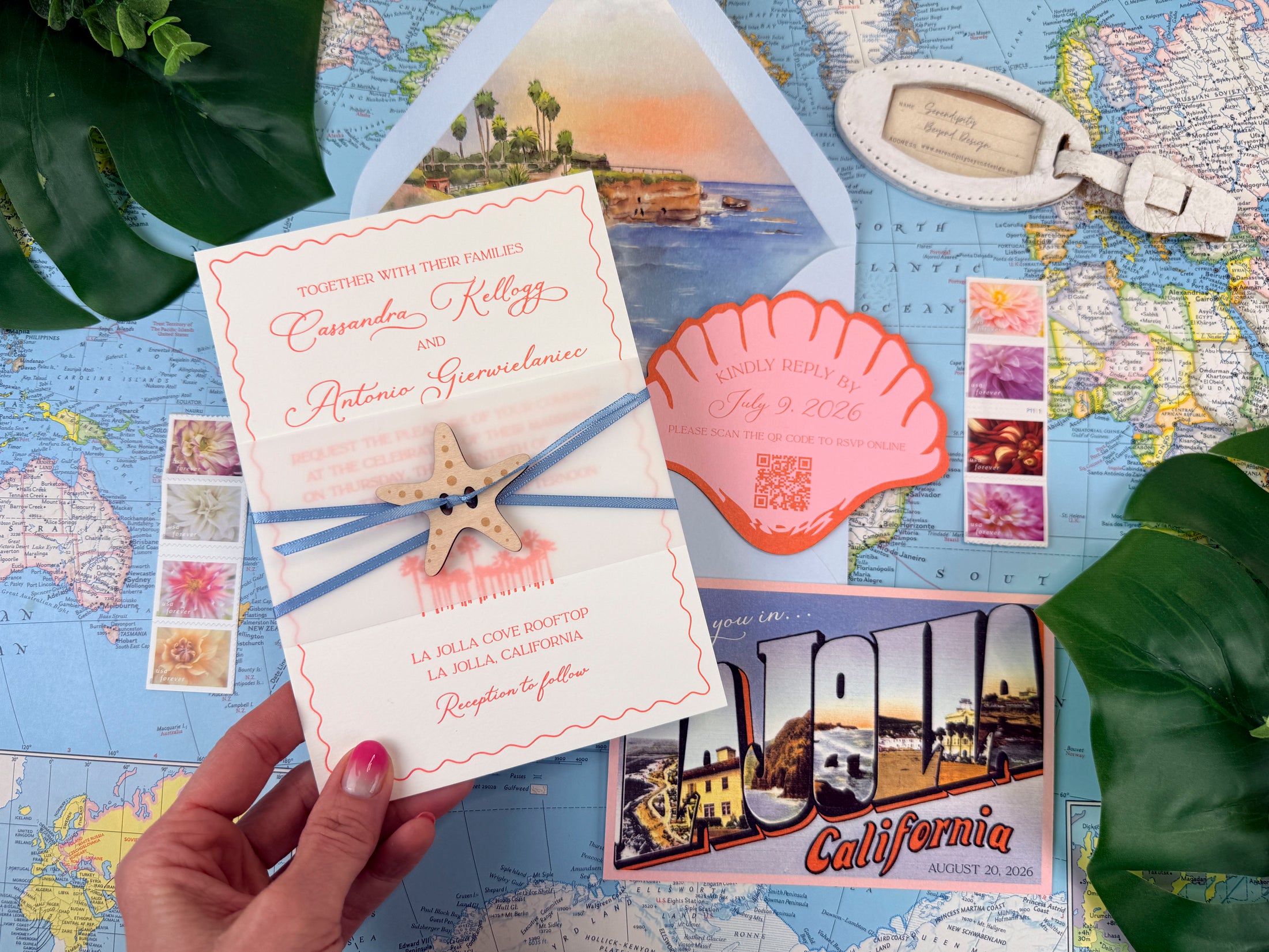 Custom La Jolla Wedding Invitation | Letterpress Invite with Retro Postcard RSVP